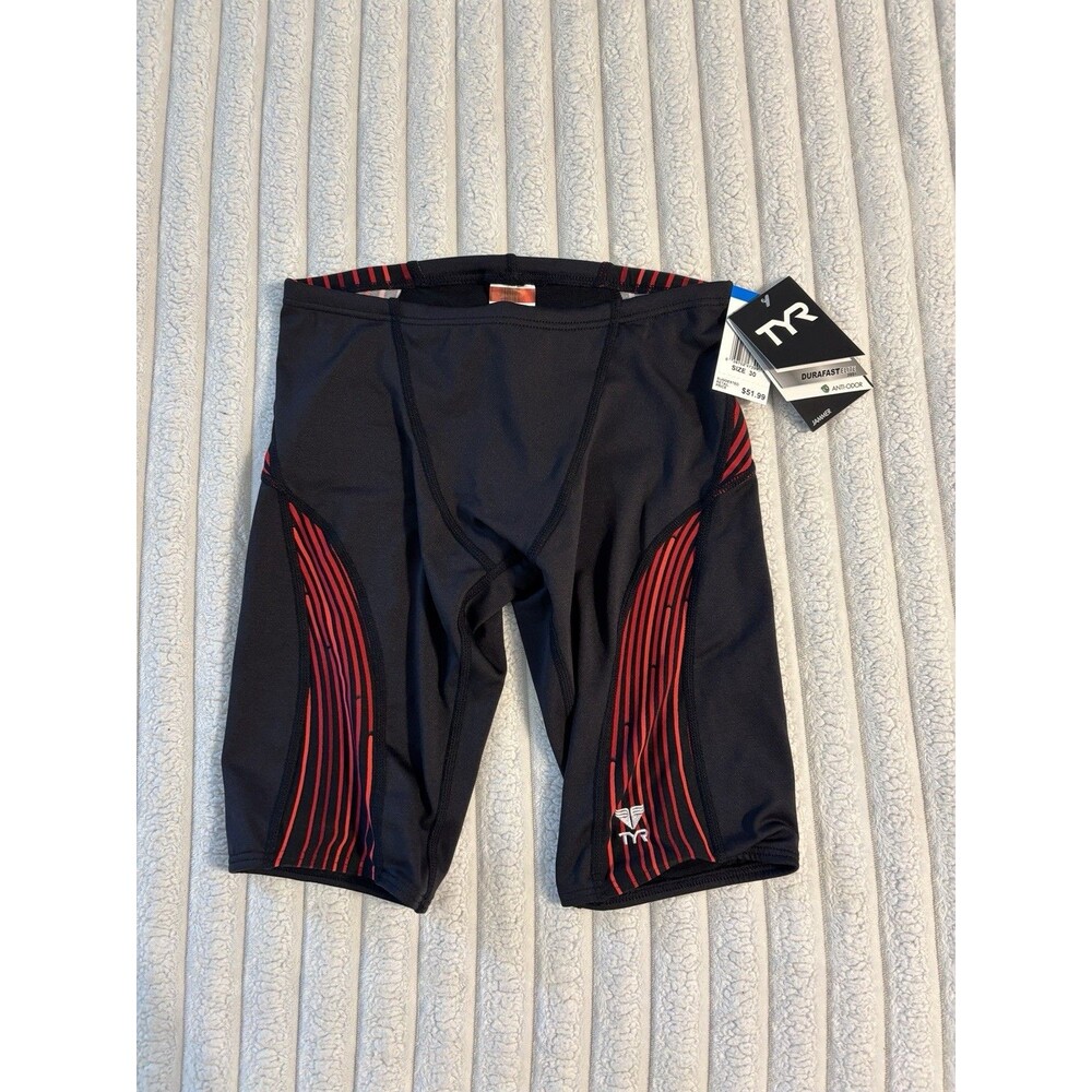 NWT TYR Durafast Elite Swimsuit Jammer Mens 30/S Black Burgundy Team Racing